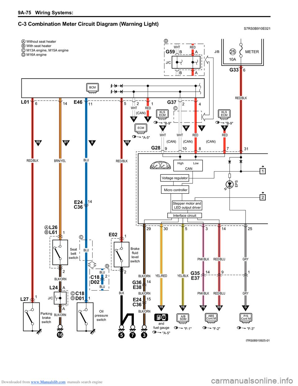 SUZUKI SWIFT 2008 2.G Service Workshop Manual Downloaded from www.Manualslib.com manuals search engine 9A-75 Wiring Systems: 
C-3 Combination Meter Circuit Diagram (Warning Light)S7RS0B910E021
J/BMETER
10A25
G2831
3
E24 
C3615
G36 E3814
Stepper m