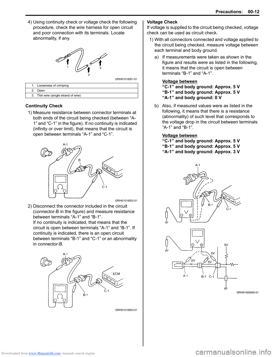 SUZUKI SWIFT 2008 2.G Service Workshop Manual Downloaded from www.Manualslib.com manuals search engine Precautions: 00-12
4) Using continuity check or voltage check the following procedure, check the wire harness for open circuit 
and poor connec