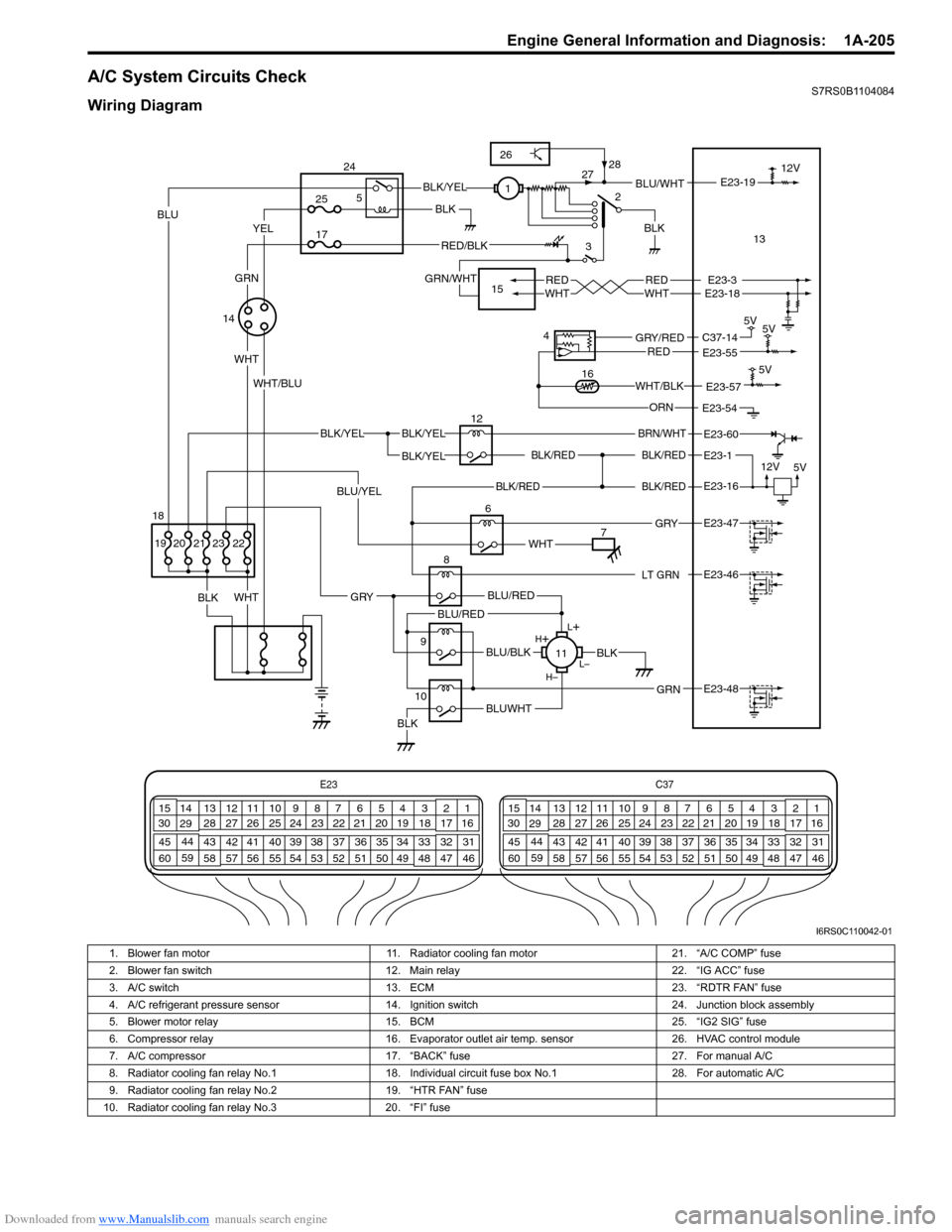SUZUKI SWIFT 2005 2.G Service Workshop Manual Downloaded from www.Manualslib.com manuals search engine Engine General Information and Diagnosis:  1A-205
A/C System Circuits CheckS7RS0B1104084
Wiring Diagram
E23C37
34
1819
567
1011
17
20
47 46
495