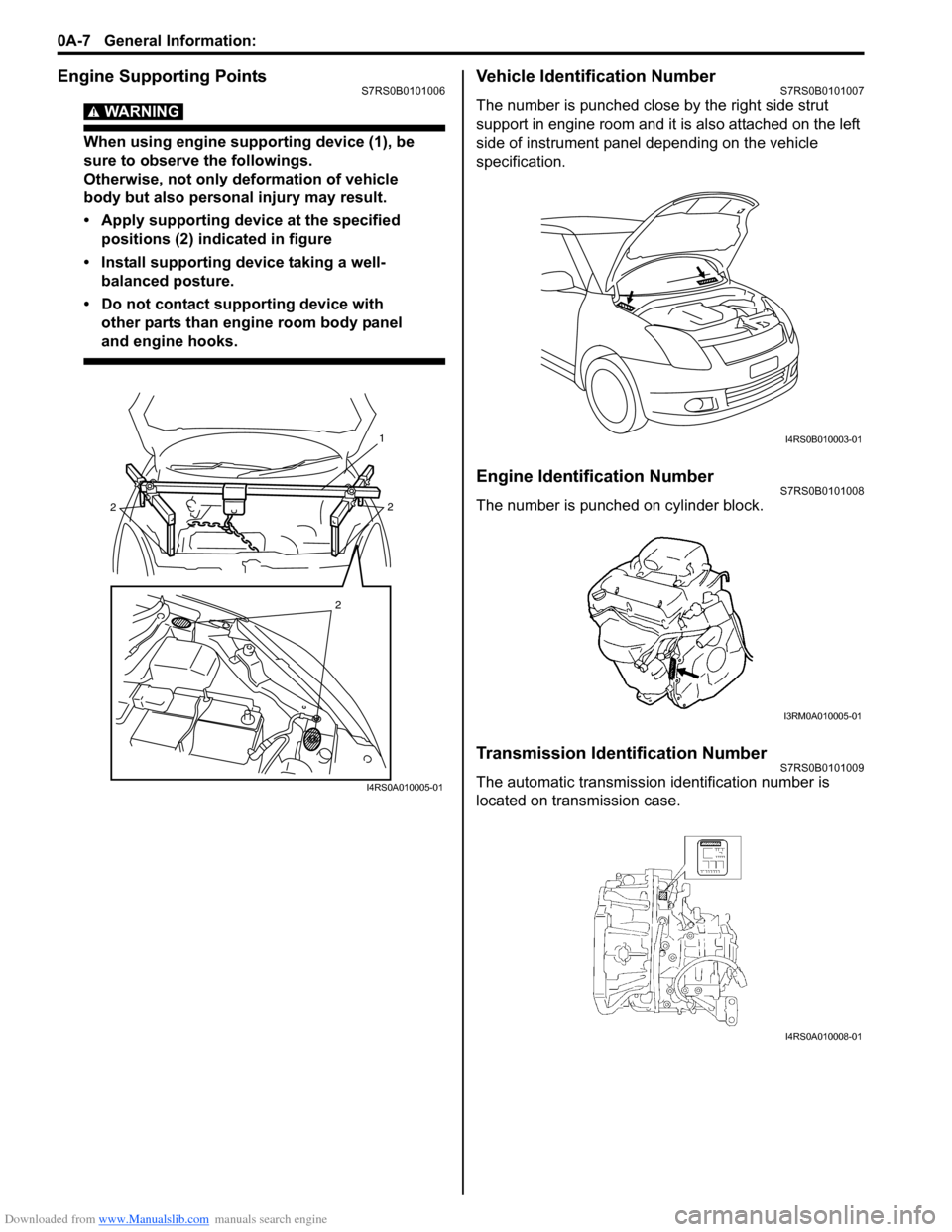SUZUKI SWIFT 2007 2.G Service Workshop Manual Downloaded from www.Manualslib.com manuals search engine 0A-7 General Information: 
Engine Supporting PointsS7RS0B0101006
WARNING! 
When using engine supporting device (1), be 
sure to observe the fol