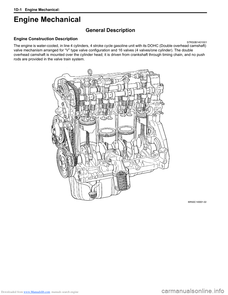 SUZUKI SWIFT 2005 2.G Service Workshop Manual Downloaded from www.Manualslib.com manuals search engine 1D-1 Engine Mechanical: 
Engine
Engine Mechanical
General Description
Engine Construction DescriptionS7RS0B1401001
The engine is water-cooled, 