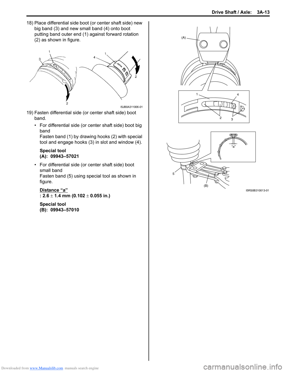 SUZUKI SWIFT 2005 2.G Service Workshop Manual Downloaded from www.Manualslib.com manuals search engine Drive Shaft / Axle:  3A-13
18) Place differential side boot (or center shaft side) new 
big band (3) and new small band (4) onto boot 
putting 
