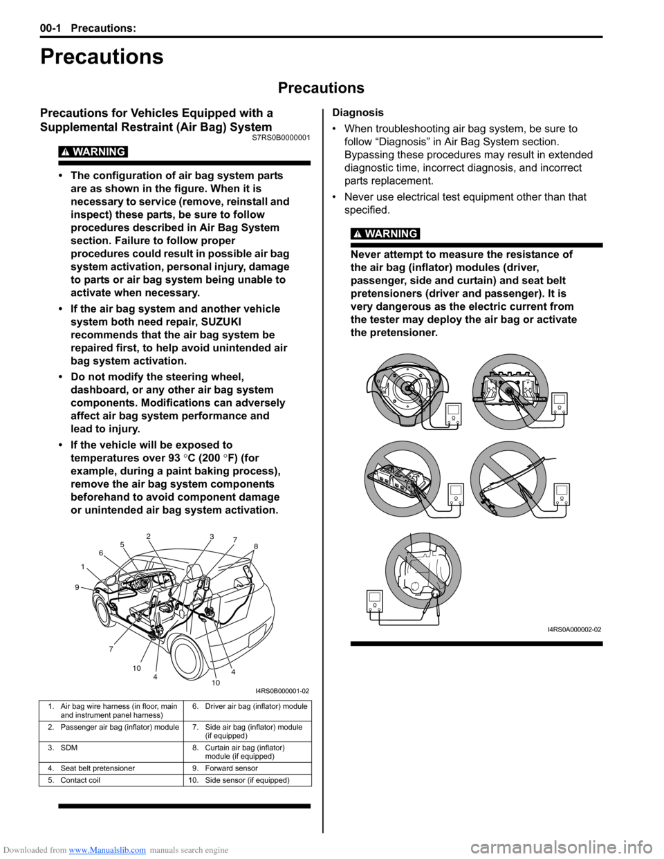 SUZUKI SWIFT 2005 2.G Service Workshop Manual Downloaded from www.Manualslib.com manuals search engine 00-1 Precautions: 
Precautions
Precautions
Precautions
Precautions for Vehicles Equipped with a 
Supplemental Restraint (Air Bag) System
S7RS0B