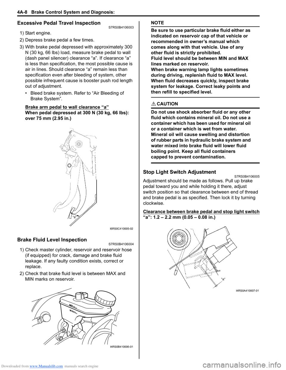 SUZUKI SWIFT 2006 2.G Service Workshop Manual Downloaded from www.Manualslib.com manuals search engine 4A-8 Brake Control System and Diagnosis: 
Excessive Pedal Travel InspectionS7RS0B4106003
1) Start engine.
2) Depress brake pedal a few times.
3