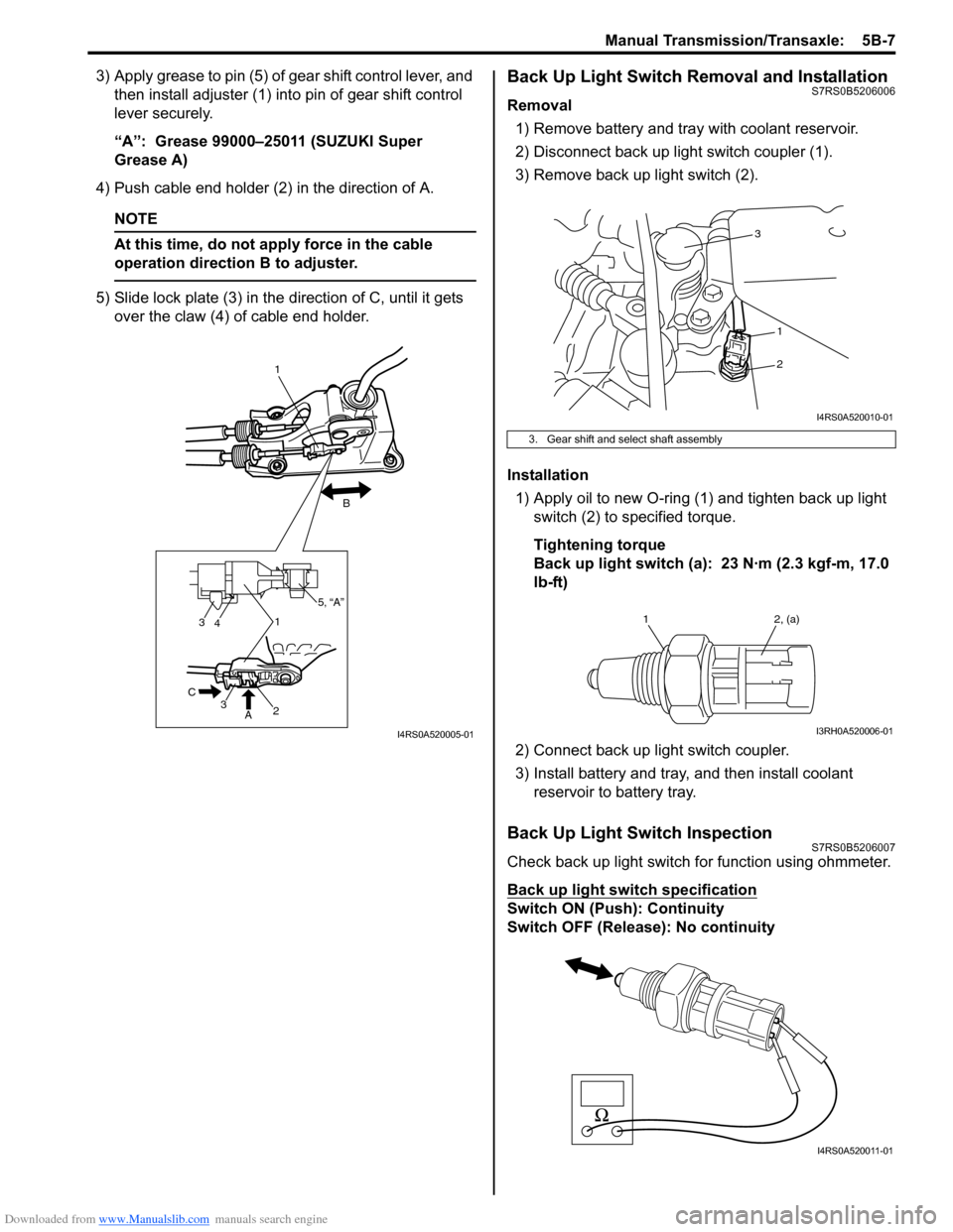 SUZUKI SWIFT 2007 2.G Service Workshop Manual Downloaded from www.Manualslib.com manuals search engine Manual Transmission/Transaxle:  5B-7
3) Apply grease to pin (5) of gear shift control lever, and then install adjuster (1) into pin of gear shi