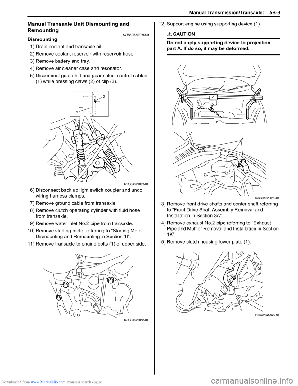 SUZUKI SWIFT 2007 2.G Service Workshop Manual Downloaded from www.Manualslib.com manuals search engine Manual Transmission/Transaxle:  5B-9
Manual Transaxle Unit Dismounting and 
Remounting
S7RS0B5206009
Dismounting1) Drain coolant and transaxle 