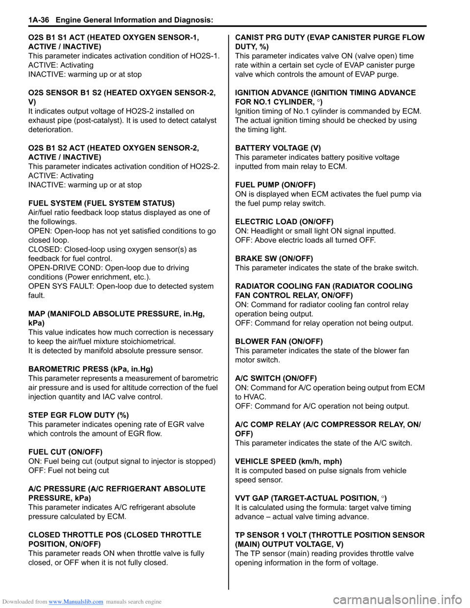 SUZUKI SWIFT 2005 2.G Service Workshop Manual Downloaded from www.Manualslib.com manuals search engine 1A-36 Engine General Information and Diagnosis: 
O2S B1 S1 ACT (HEATED OXYGEN SENSOR-1, 
ACTIVE / INACTIVE)
This parameter indicates activation