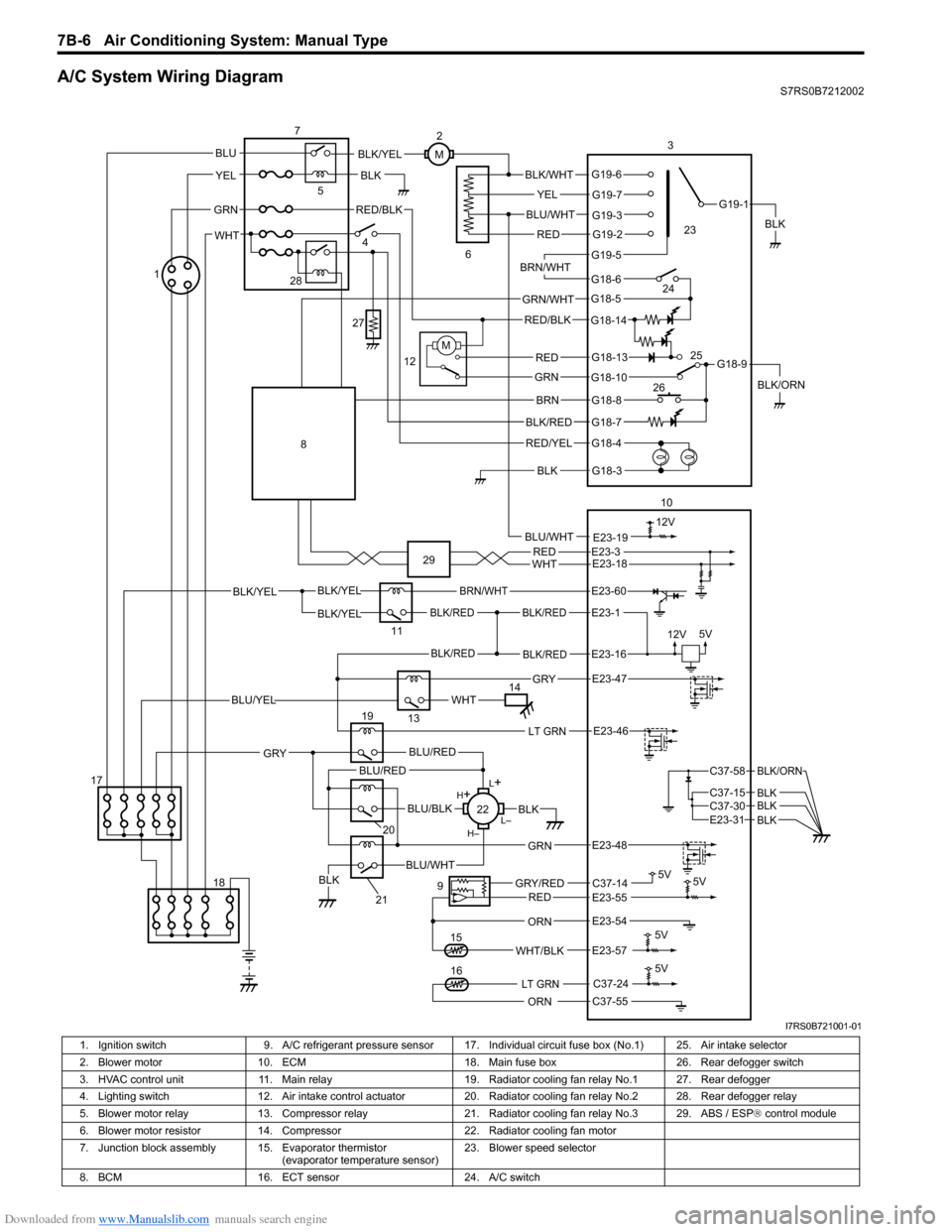 SUZUKI SWIFT 2005 2.G Service Workshop Manual Downloaded from www.Manualslib.com manuals search engine 7B-6 Air Conditioning System: Manual Type
A/C System Wiring DiagramS7RS0B7212002
BLK/REDBLK/RED
BLK/YELBLK/YEL
BLK/YEL
BRN/WHT
12V5V
5V 5V
5V11