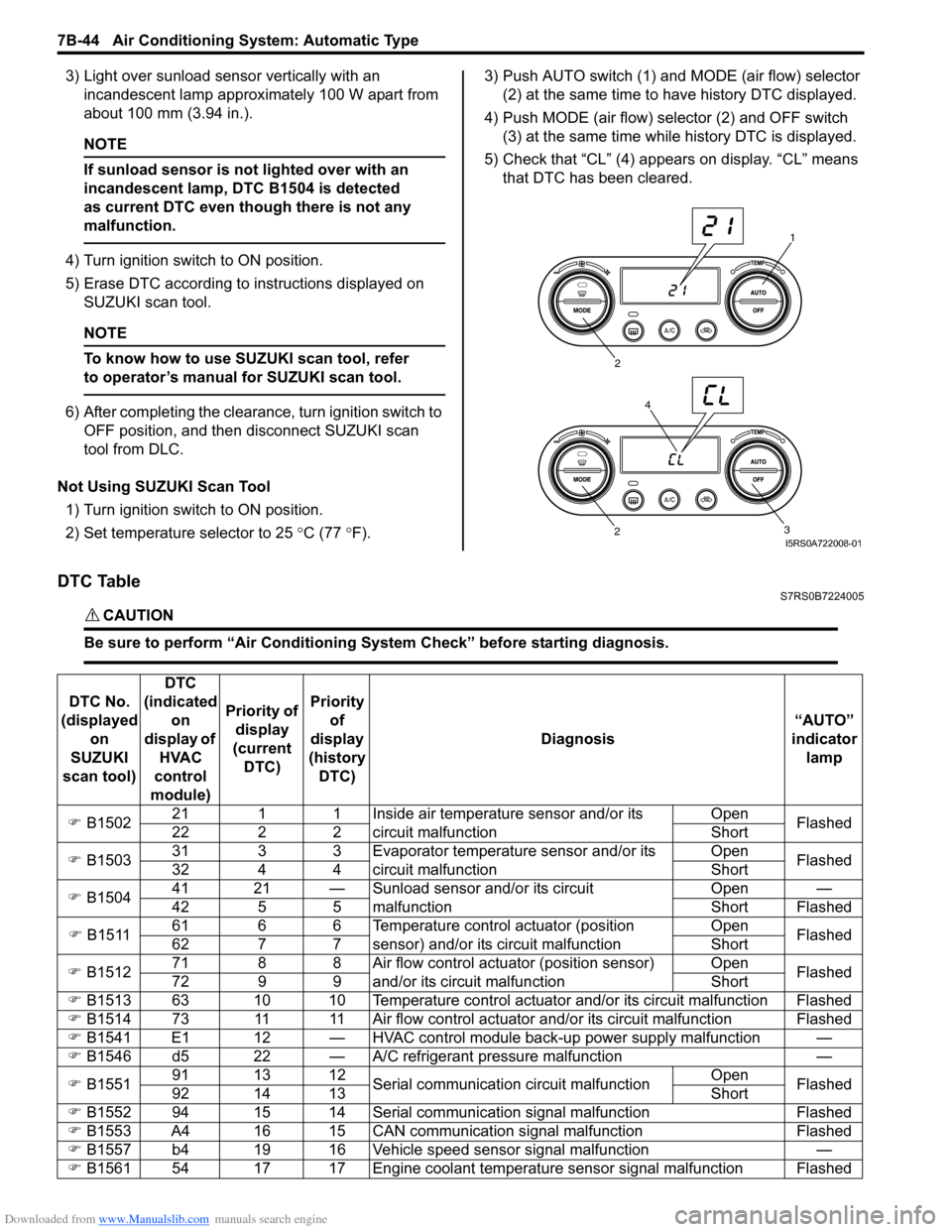 SUZUKI SWIFT 2008 2.G Service Workshop Manual Downloaded from www.Manualslib.com manuals search engine 7B-44 Air Conditioning System: Automatic Type
3) Light over sunload sensor vertically with an incandescent lamp approximately 100 W apart from 