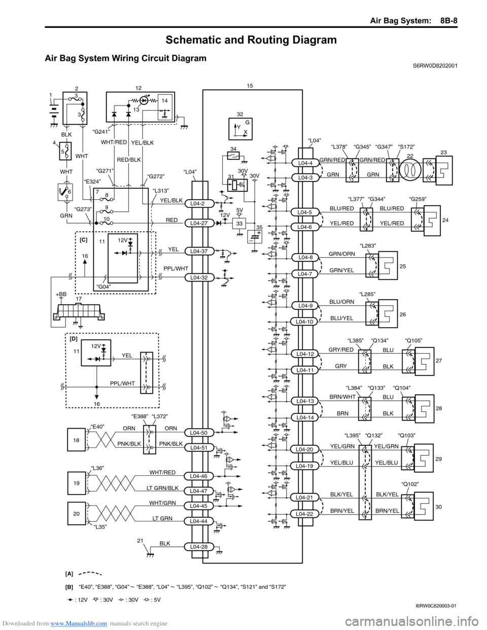 SUZUKI SX4 2006 1.G Service Workshop Manual Downloaded from www.Manualslib.com manuals search engine Air Bag System:  8B-8
Schematic and Routing Diagram
Air Bag System Wiring Circuit DiagramS6RW0D8202001
BLK
YEL/GRN YEL/GRN
YEL/BLU YEL/BLU
WHT/