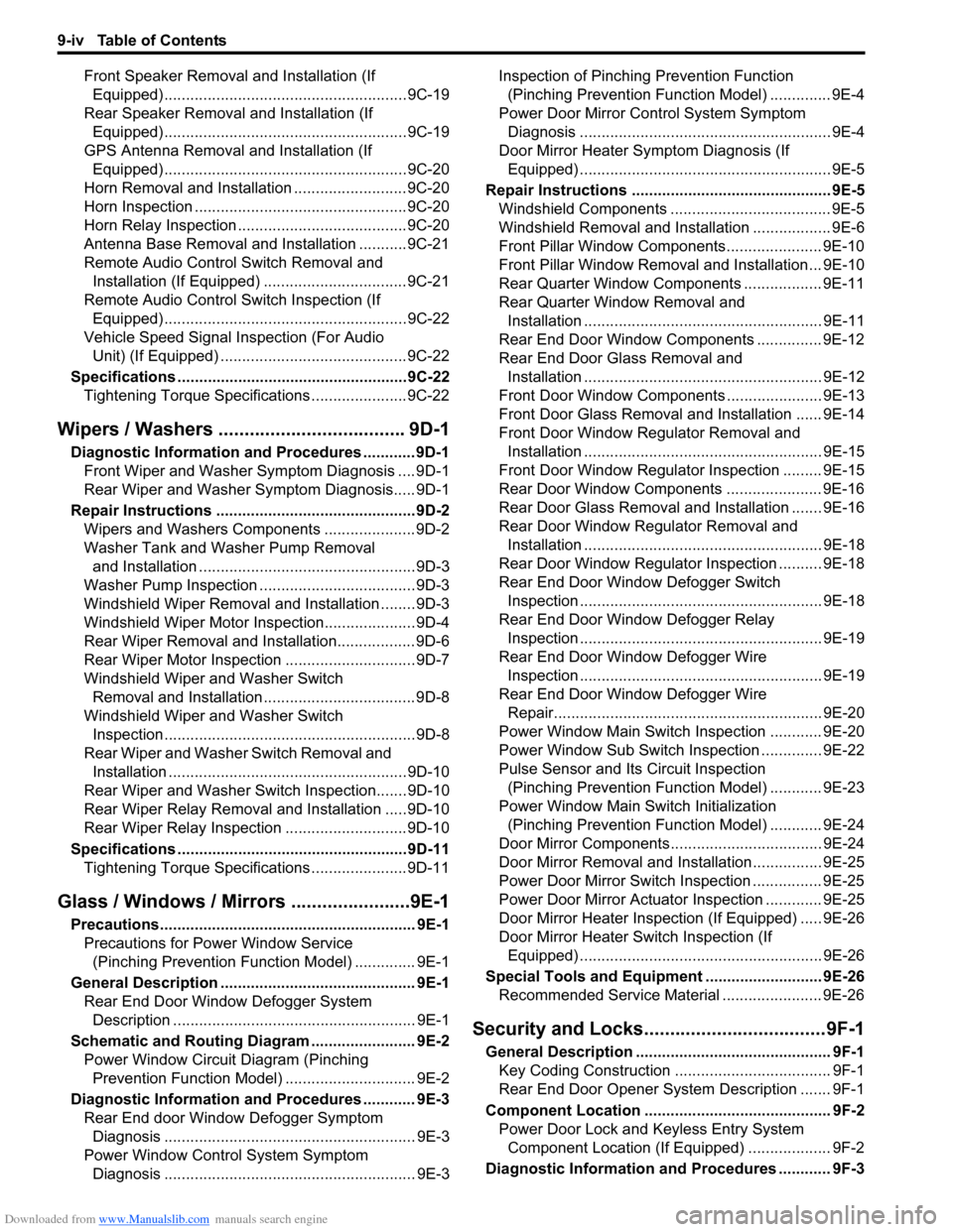 SUZUKI SX4 2006 1.G Service Workshop Manual Downloaded from www.Manualslib.com manuals search engine 9-iv Table of Contents
Front Speaker Removal and Installation (If 
Equipped) ........................................................9C-19
Rear