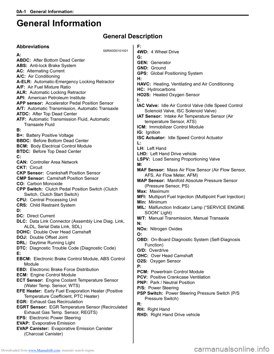 SUZUKI SX4 2006 1.G Service Workshop Manual Downloaded from www.Manualslib.com manuals search engine 0A-1 General Information: 
General Information
General Information
General Description
AbbreviationsS6RW0D0101001
A:  
ABDC:  After Bottom Dead