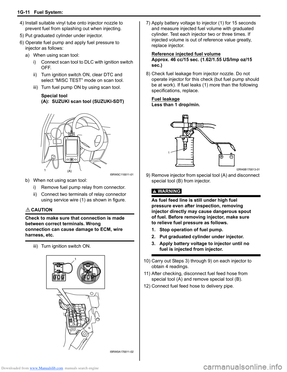 SUZUKI SX4 2006 1.G Service Workshop Manual Downloaded from www.Manualslib.com manuals search engine 1G-11 Fuel System: 
4) Install suitable vinyl tube onto injector nozzle to 
prevent fuel from splashing out when injecting.
5) Put graduated cy