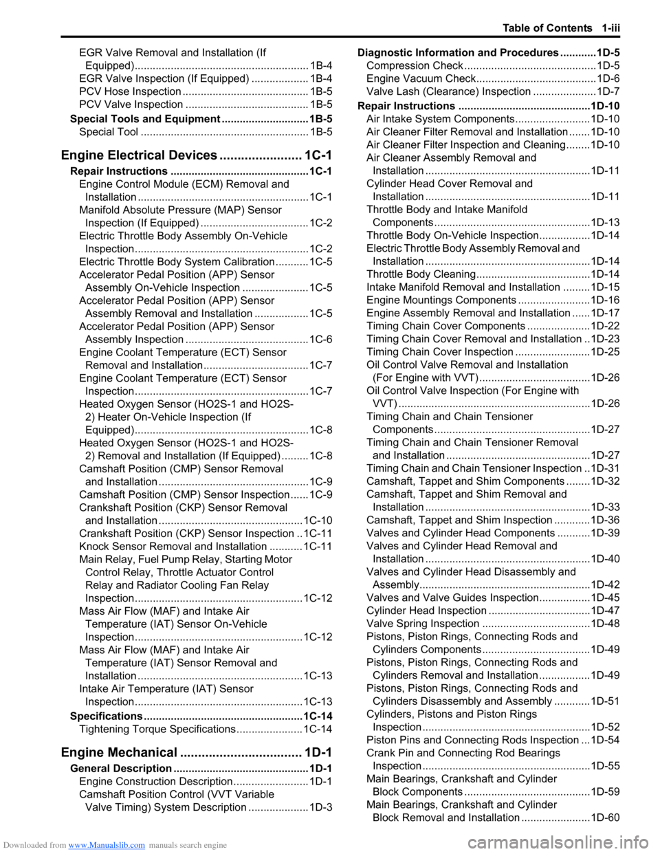 SUZUKI SX4 2006 1.G Service Service Manual Downloaded from www.Manualslib.com manuals search engine Table of Contents 1-iii
EGR Valve Removal and Installation (If 
Equipped).......................................................... 1B-4
EGR Va