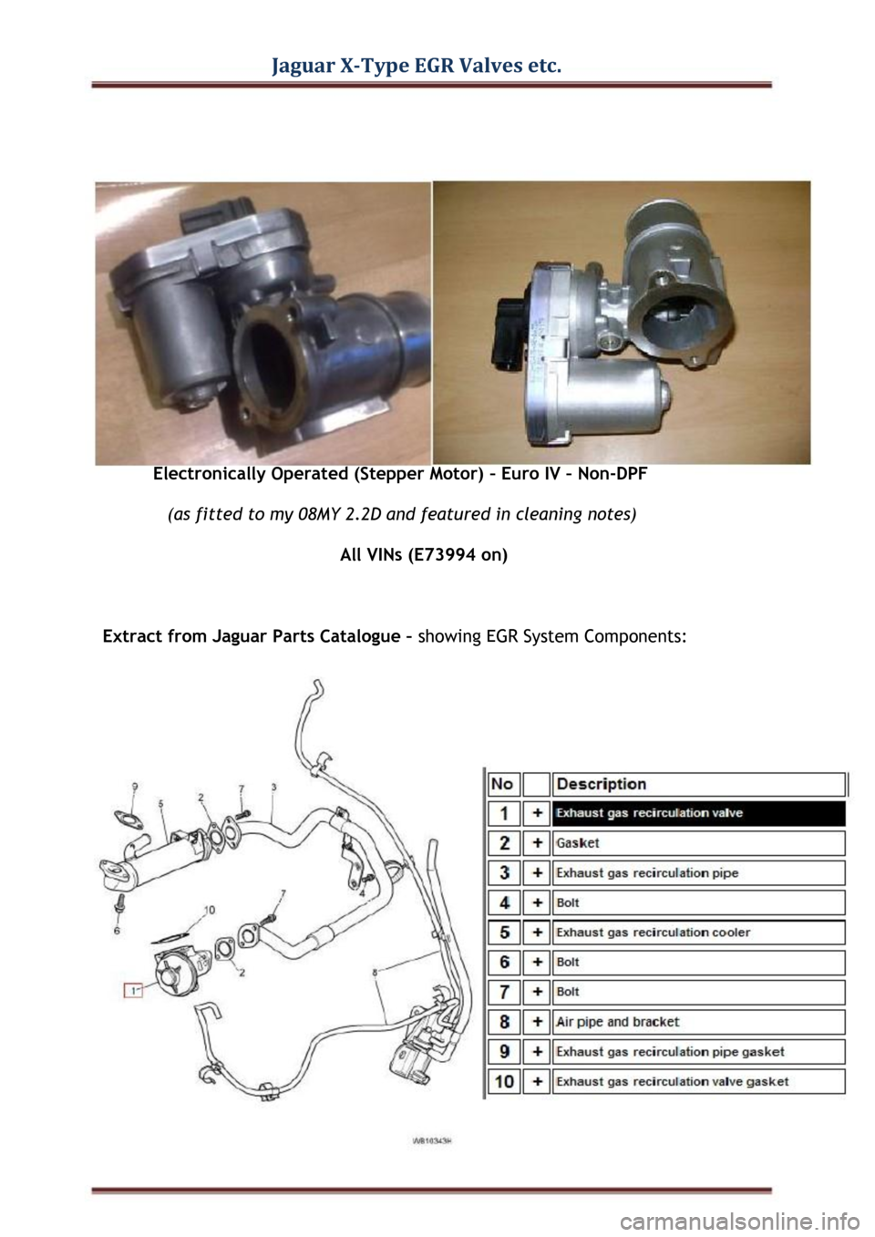 JAGUAR X TYPE 2004 1.G EGR Valves Parts Manual Jaguar X-Type EGR Valves etc. 
Electronically Operated (Stepper Motor) – Euro IV – Non-DPF 
(as fitted to my 08MY 2.2D and featured in cleaning notes) 
All VINs (E73994 on) 
Extract from Jaguar Pa