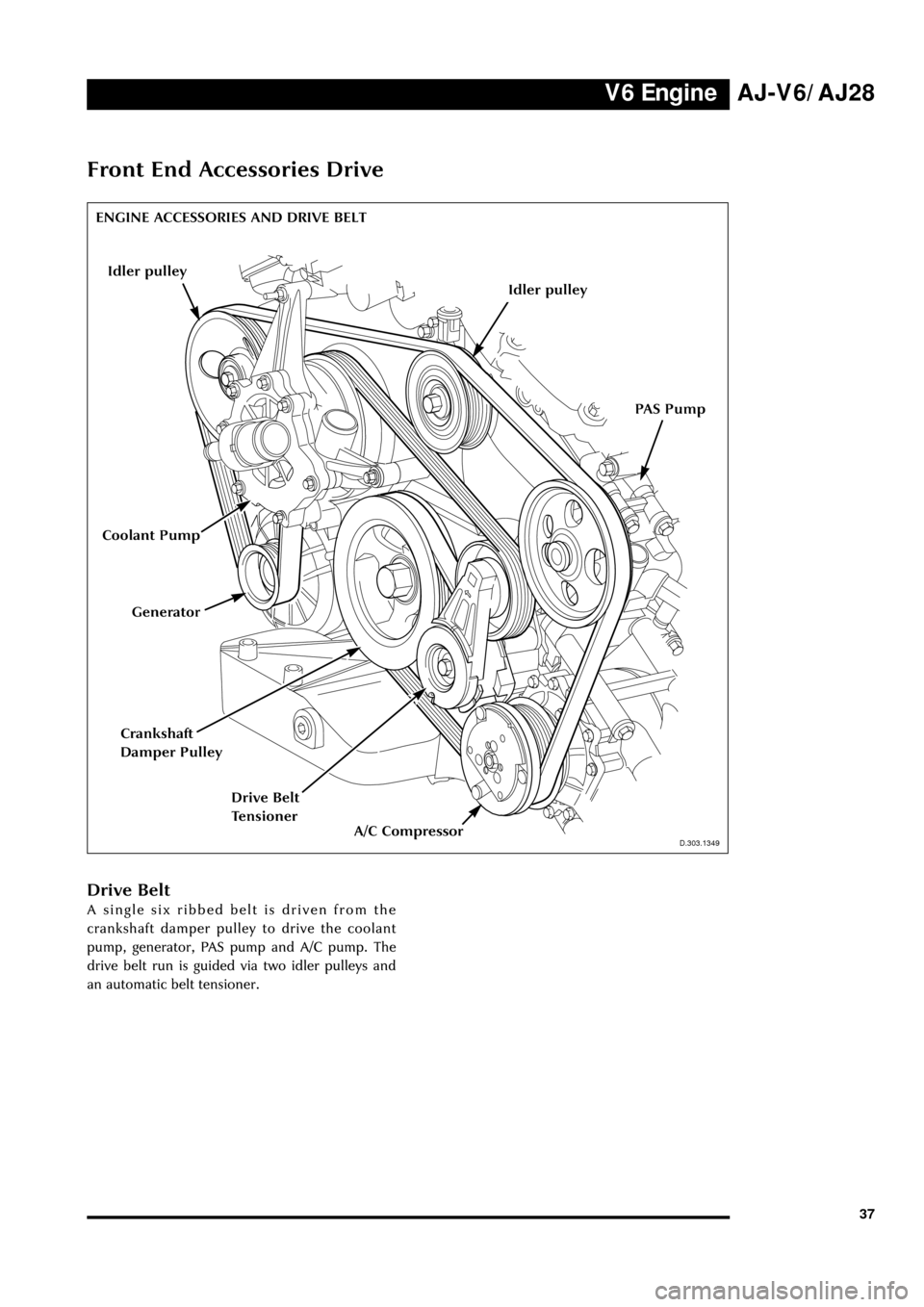 JAGUAR S TYPE 1999 1.G Powertrain Manual V6 EngineAJ-V6/AJ28
37
Front End Accessories Drive
D.303.1349
Drive Belt
A single six ribbed belt is driven from the
crankshaft damper pulley to drive the coolant
pump, generator, PAS pump and A/C pum
