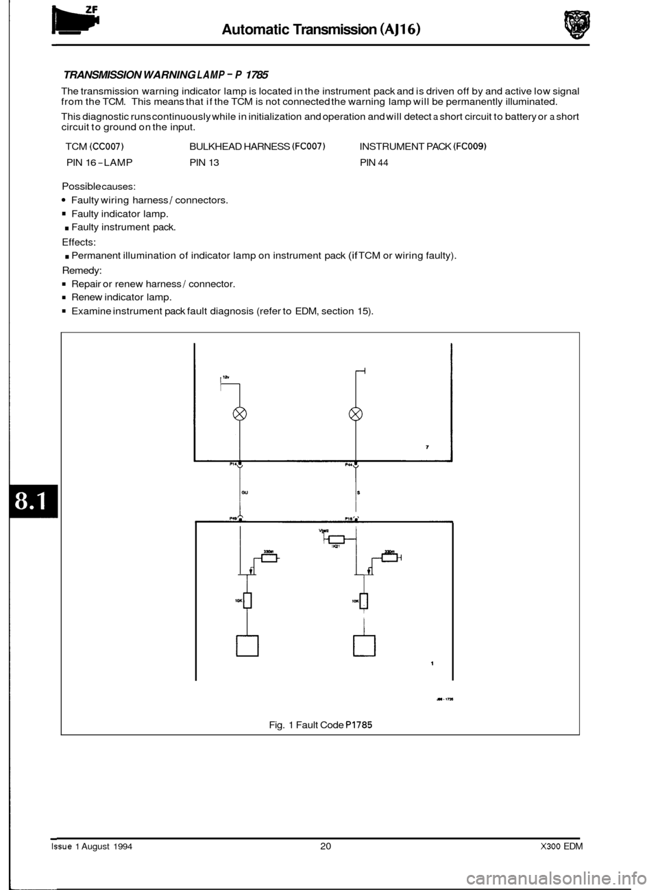 JAGUAR XJ6 1994 2.G Electrical Diagnostic Manual w Automatic Transmission (AJ16) 
TRANSMISSION  WARNING LAMP - P 1785 
The transmission  warning indicator  lamp is located  in the  instrument  pack and is driven off by  and active  low signal 
from 