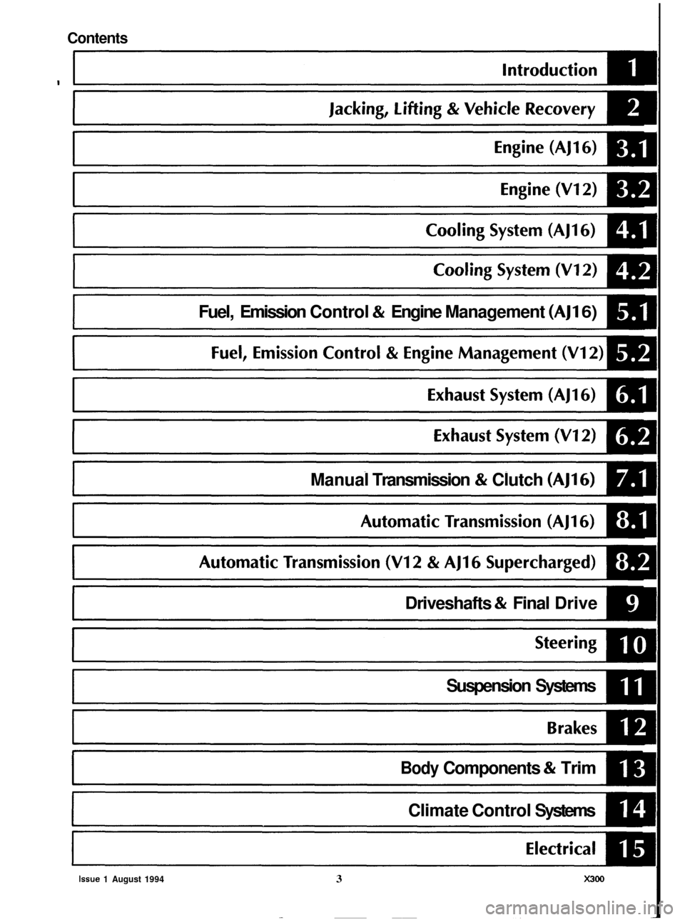 JAGUAR XJ6 1994 2.G Workshop Manual e- 
@ 
Contents 
Fuel, Emission  Control & Engine Management (AJI 6) 
Manual  Transmission & Clutch (AJl6) 
Driveshafts & Final Drive 
Suspension  Systems 
Body Components & Trim 
Climate Control  Sys