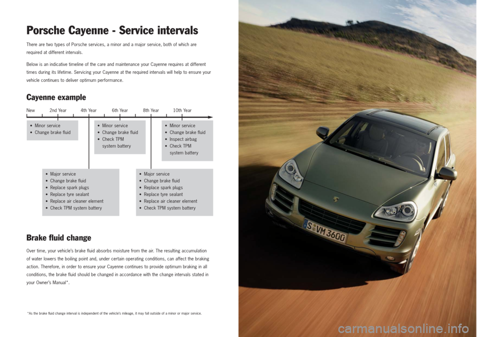 PORSCHE CAYNNE 2007 1.G Information Manual Porsche Cayenne - Service intervals There are two types of Porsche services, a minor and a major service, both of which are
required at different intervals.
Below is an indicative timeline of the care