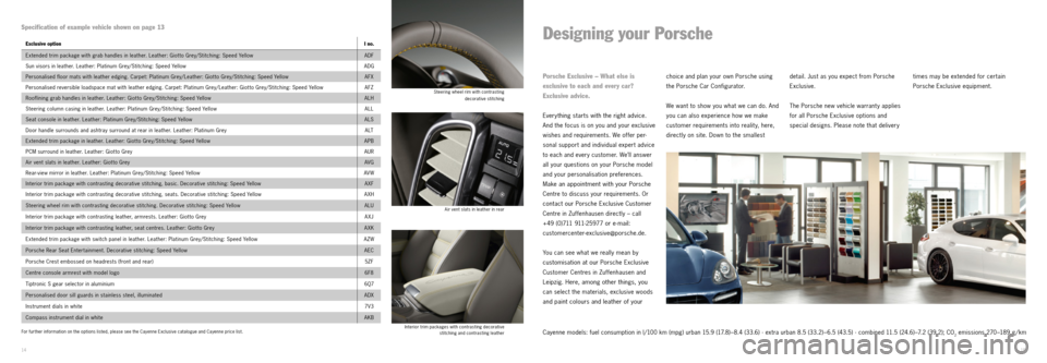PORSCHE CAYNNE EXCLUSIVE 2012 2.G Interior Information Manual Specification of example vehicle shown on page 13
1415
Exclusive optionI no.
Extended trim package with grab handles in leather. Leather: Giot to Grey/Stitching: Speed Yellow ADF
Sun visors in leather