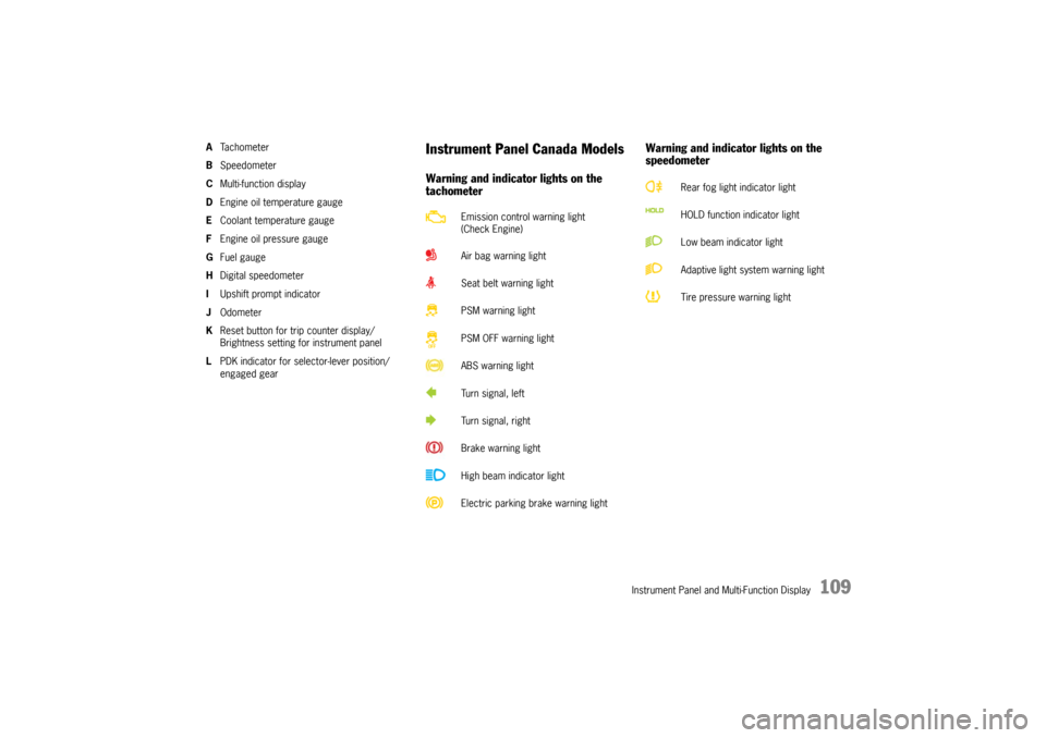 PORSCHE PANAMERA 2009 1.G Information Manual Instrument Panel and Multi-Function Display
109
ATa c h o m e t e r
B Speedometer
C Multi-function display
D Engine oil temperature gauge
E Coolant temperature gauge
F Engine oil pressure gauge
G Fuel