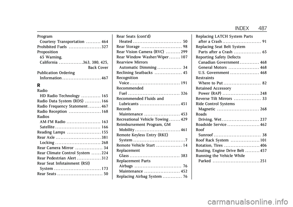 CADILLAC ESCALADE 2021  Owners Manual Cadillac Escalade Owner Manual (GMNA-Localizing-U.S./Canada/Mexico-
13690472) - 2021 - CRC - 8/10/21
INDEX 487
ProgramCourtesy Transportation . . . . . . . . . 464
Prohibited Fuels . . . . . . . . . .