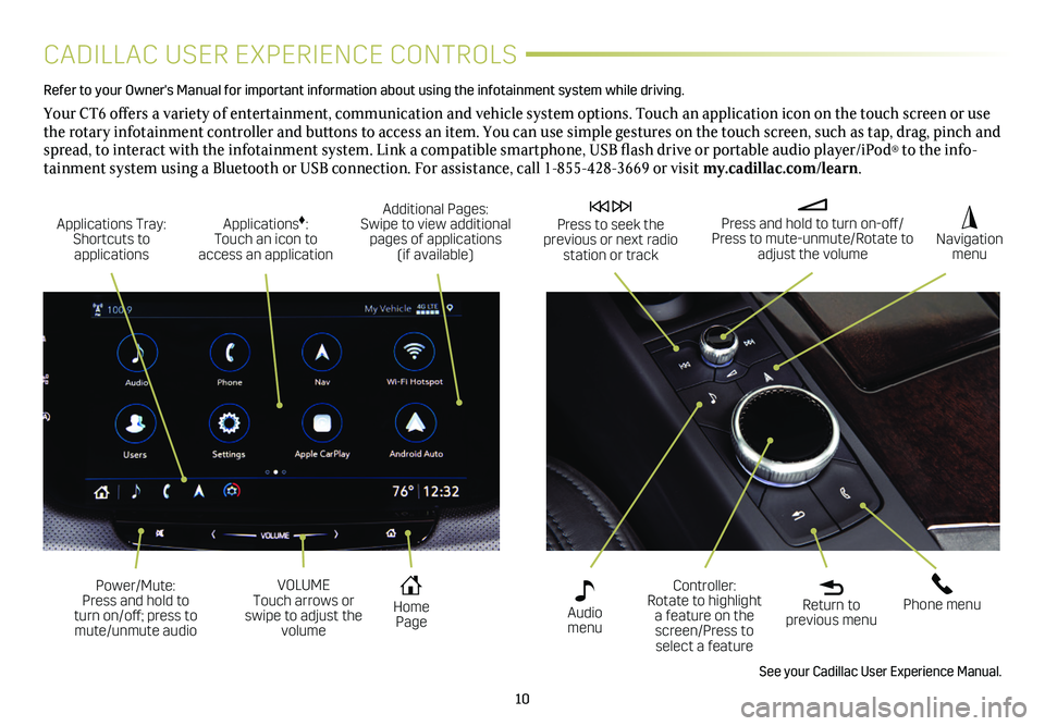 CADILLAC CT6 2020  Convenience & Personalization Guide 10
CADILLAC USER EXPERIENCE CONTROLS
Refer to your Owner's Manual for important information about using the infotai\
nment system while driving. 
Your CT6 offers a variety of entertainment, commun