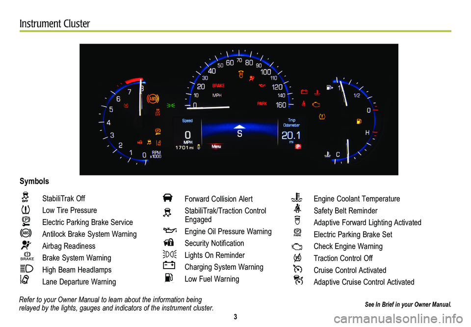 CADILLAC ATS 2014  Convenience & Personalization Guide       3
Instrument Cluster
Refer to your Owner Manual to learn about the information being relayed by the lights, gauges and indicators of the instrument cluster.
 StabiliTrak Off
 Low Tire Pressure
 