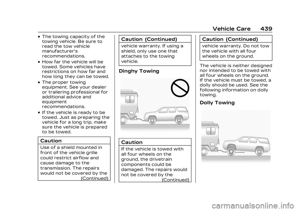 CADILLAC XT6 2023  Owners Manual Cadillac XT6 Owner Manual (GMNA-Localizing-U.S./Canada-16405819) -
2023 - CRC - 3/22/22
Vehicle Care 439
.The towing capacity of the
towing vehicle. Be sure to
read the tow vehicle
manufacturer's
