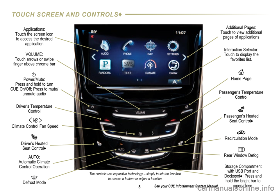CADILLAC ATS 2015 1.G Personalization Guide 8
TOUCH SCREEN AND CONTROLS♦
Applications: Touch the screen icon to access the desired  application
See your CUE Infotainment System Manual.
  Power/Mute: Press and hold to turn  CUE On/Off; Press t