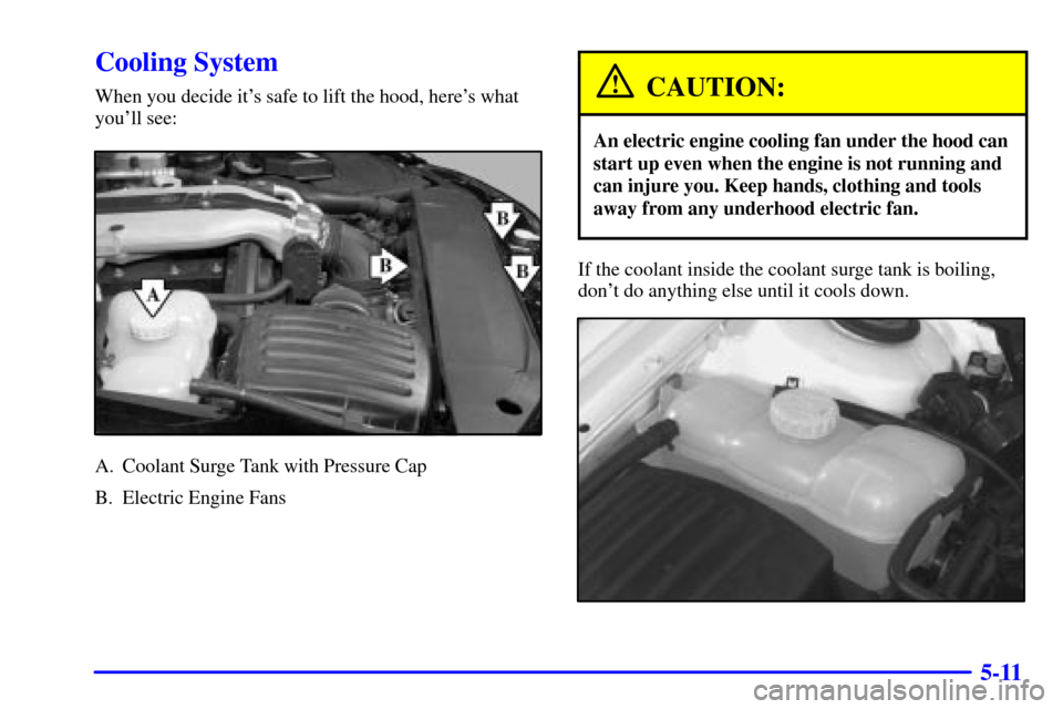CADILLAC CATERA 2001 1.G Owners Manual 5-11
Cooling System
When you decide its safe to lift the hood, heres what
youll see:
A. Coolant Surge Tank with Pressure Cap
B. Electric Engine Fans
CAUTION:
An electric engine cooling fan under th