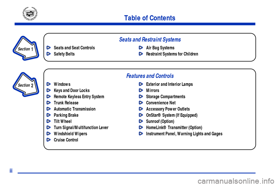 CADILLAC CATERA 2001 1.G Owners Manual ii
Table of Contents
Windows
Keys and Door Locks
Remote Keyless Entry System
Trunk Release
Automatic Transmission
Parking Brake
Tilt Wheel
Turn Signal/Multifunction Lever
Windshield Wipers
Cruise Cont
