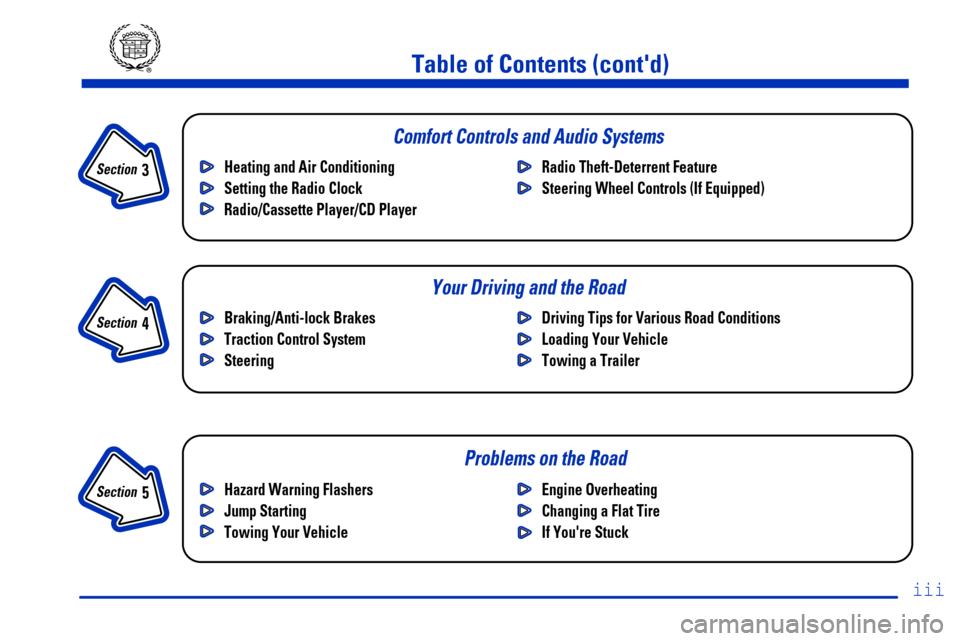 CADILLAC DEVILLE 2000 8.G Owners Manual iii
Section 
 3
Comfort Controls and Audio Systems
Section 
 4
Your Driving and the Road
Section 
 5
Table of Contents (contd)
Braking/Anti-lock Brakes
Traction Control System
SteeringDriving Tips fo