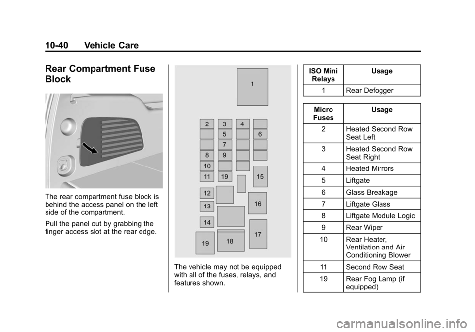 CADILLAC ESCALADE 2015 4.G Owners Manual Black plate (40,1)Cadillac Escalade Owner Manual (GMNA-Localizing-U.S./Canada/Mexico-
7063683) - 2015 - crc - 2/24/14
10-40 Vehicle Care
Rear Compartment Fuse
Block
The rear compartment fuse block is
