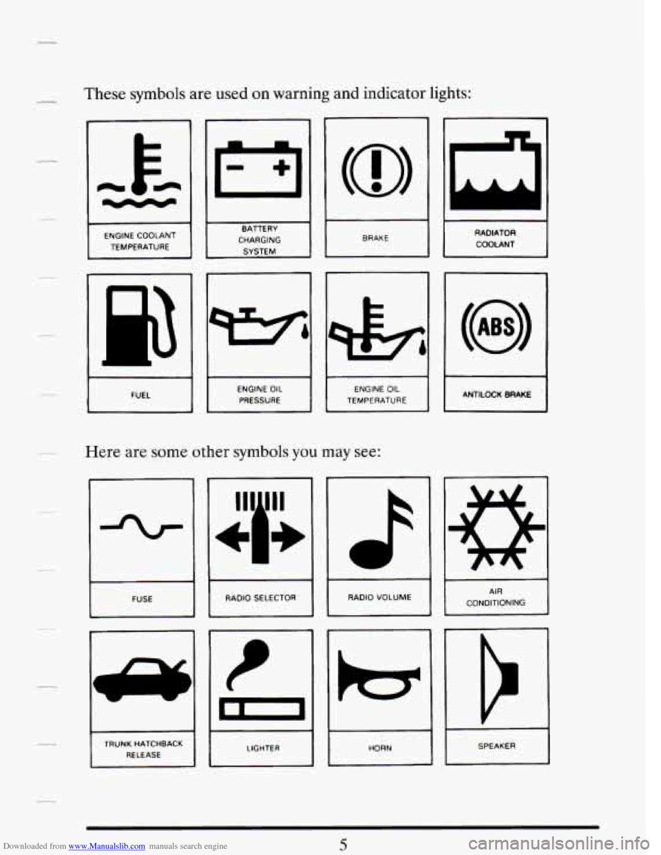 CADILLAC DEVILLE 1993 7.G Owners Manual Downloaded from www.Manualslib.com manuals search engine These symbols  are used on warning and  indicator lights: 
r3 BRAKE 
ENGINE  COOLANT 
TEMPERATURE  BAlTERY 
CHARGING  SYSTEM 
93 
U 
ANTILOCK B