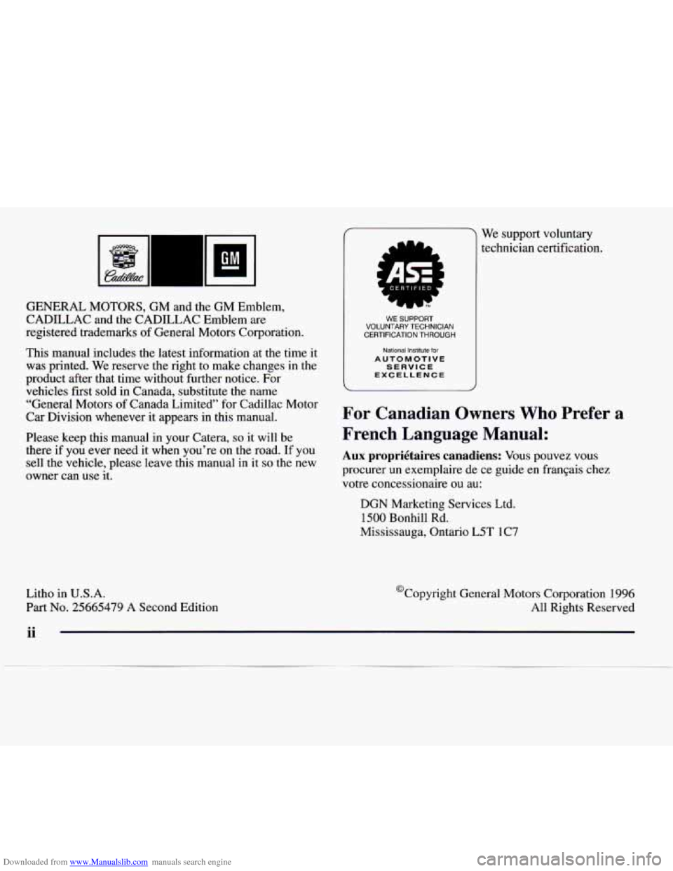 CADILLAC CATERA 1997 1.G Owners Manual Downloaded from www.Manualslib.com manuals search engine GENERAL MOTORS, GM and  the GM Emblem, 
CADILLAC  and  the CADILLAC Emblem are 
registered  trademarks 
of General  Motors  Corporation. 
This 