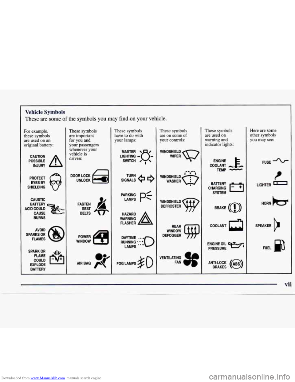 CADILLAC CATERA 1998 1.G Owners Manual Downloaded from www.Manualslib.com manuals search engine Vehicle Symbols 
These are some of the symbols  you  may  find on your  vehicle. 
For example, 
these symbols 
are  used  on 
an 
original batt