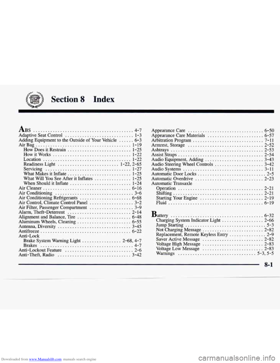 CADILLAC SEVILLE 1998 4.G Owners Manual Downloaded from www.Manualslib.com manuals search engine .. 
Section 8 Index 
ABS ......................................... 4.7 
Adaptive  Seat Control 
............................ 1-3 
AirBag ......