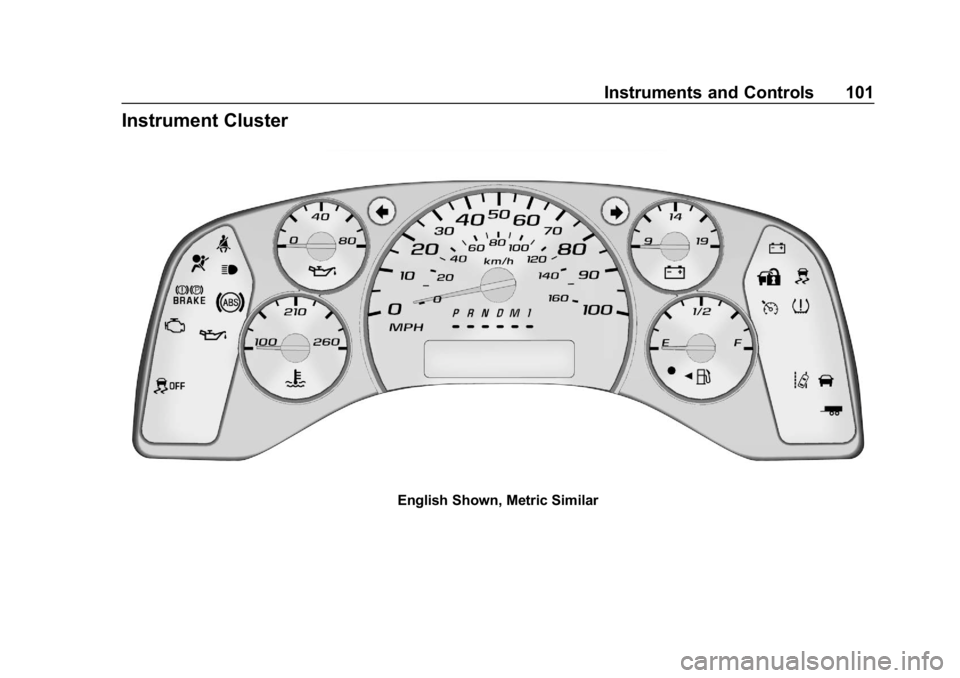 CHEVROLET EXPRESS 2019  Owners Manual Chevrolet Express Owner Manual (GMNA-Localizing-U.S./Canada/Mexico-
12146162) - 2019 - crc - 11/26/18
Instruments and Controls 101
Instrument Cluster
English Shown, Metric Similar 