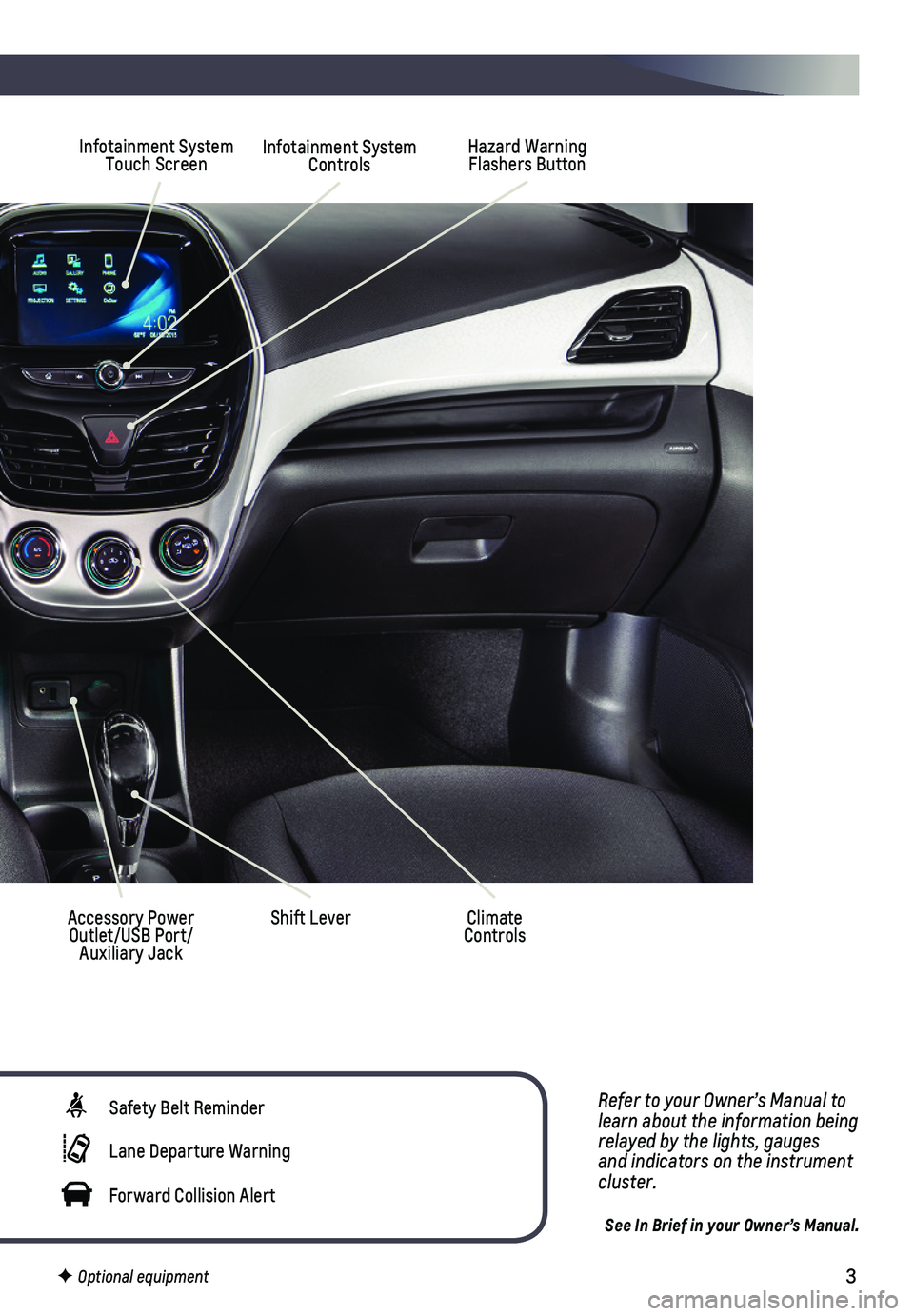 CHEVROLET SPARK 2018  Get To Know Guide 3
Refer to your Owner’s Manual to learn about the information being relayed by the lights, gauges and indicators on the instrument cluster.
See In Brief in your Owner’s Manual.
Hazard Warning Flas