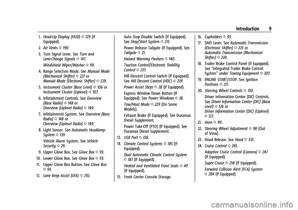 CHEVROLET SILVERADO 1500 2023  Owners Manual Chevrolet Silverado 1500 Owner Manual (GMNA-Localizing-U.S./Canada/
Mexico/Paraguay-16515119) - 2023 - CRC - 6/2/22
Introduction 9
1.Head-Up Display (HUD) 0129 (If
Equipped).
2. Air Vents 0190.
3. Tur