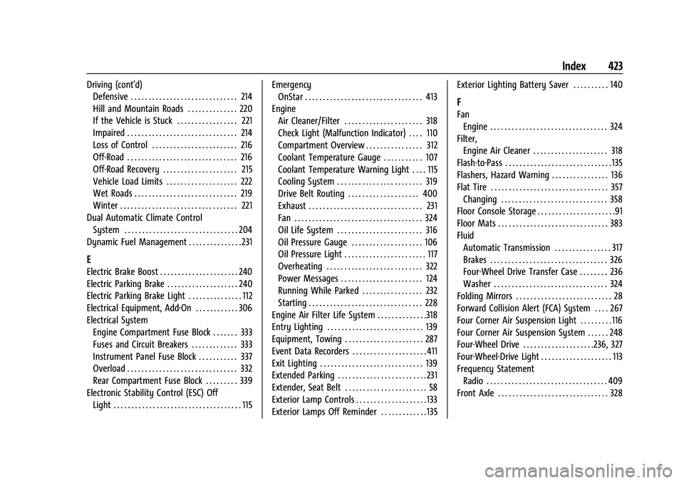 CHEVROLET TAHOE 2022  Owners Manual Chevrolet Tahoe/Suburban Owner Manual (GMNA-Localizing-U.S./Canada/-
Mexico-13690484) - 2021 - crc - 8/17/20
Index 423
Driving (cont'd)Defensive . . . . . . . . . . . . . . . . . . . . . . . . . .