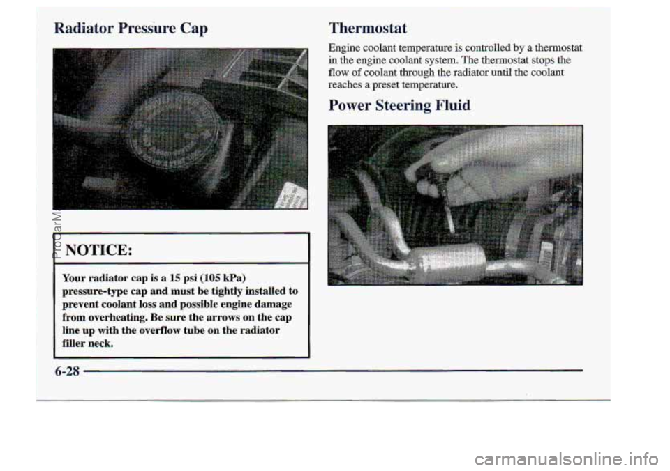 CHEVROLET S10 1998  Owners Manual Radiator Pressure Cap Thermostat 
-NOTICE: 
Your radiator  cap  is a 15 psi (105 kPa) 
pressuredype  cap  and  must  be  tightly  installed  ta 
prevent  coolant 
loss and  possible  engine  damage 
f