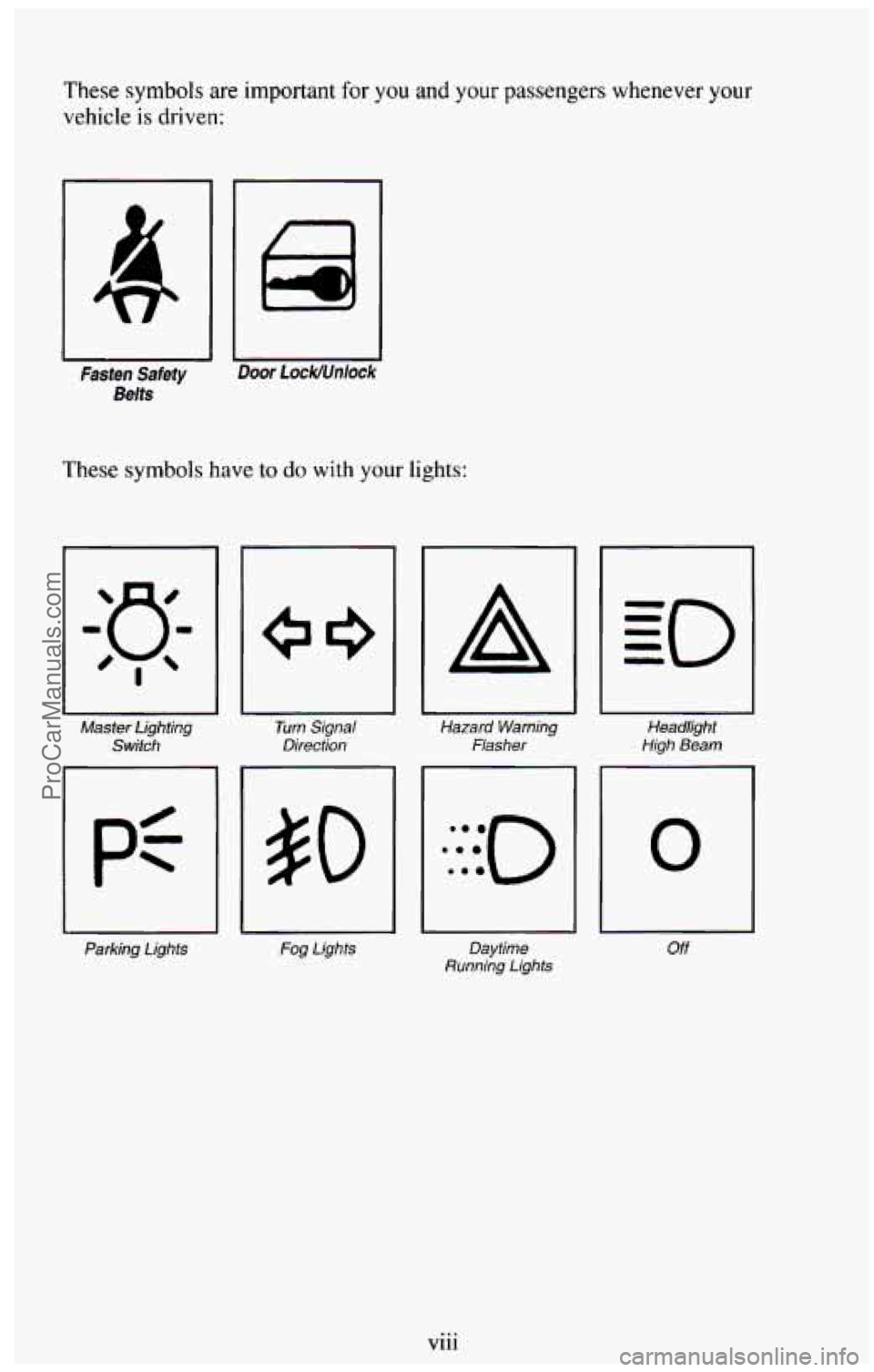 CHEVROLET SUBURBAN 1994  Owners Manual These symbols are important for you and your passengers whenever your 
vehicle is driven: 
IC I 
Fasten Safety Door 1 ock/Unlock 
Belts 
These symbols have to do with your lights: 
Master  Lighting 
S