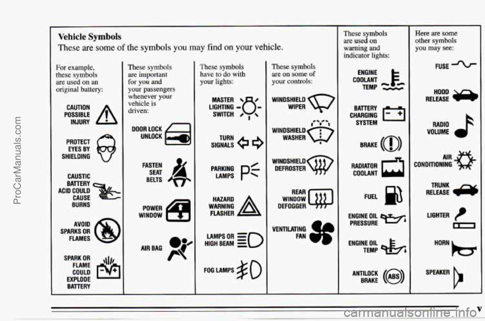 CHEVROLET TRACKER 1995  Owners Manual ~~ Vehicle Symbols 
These are some of the symbols you may find on your vehicle. 
For  example, 
these  symbols 
are  used  on  an 
original  battery: 
POSSIBLE A 
CAUTION 
INJURY 
PROTECT  EYES  BY 
S
