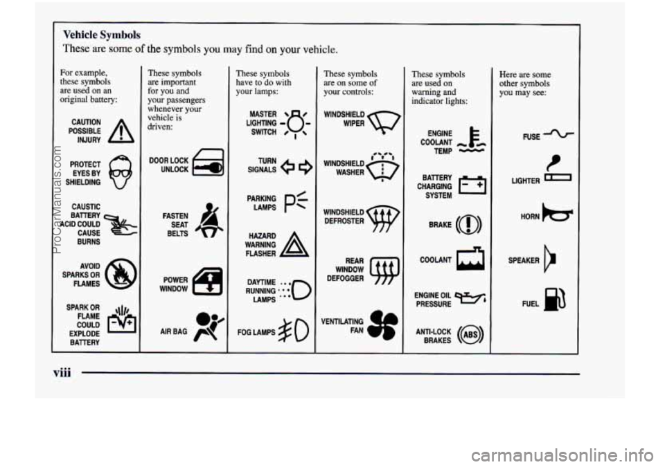 CHEVROLET VENTURE 1998  Owners Manual Vehicle Symbols 
These are some of the symbols you may find on your vehicle. 
For  example, 
these  symbols 
are  used  on  an 
original  battery: 
POSSIBLE A 
CAUTION 
INJURY 
PROTECT  EYES  BY 
SHIE