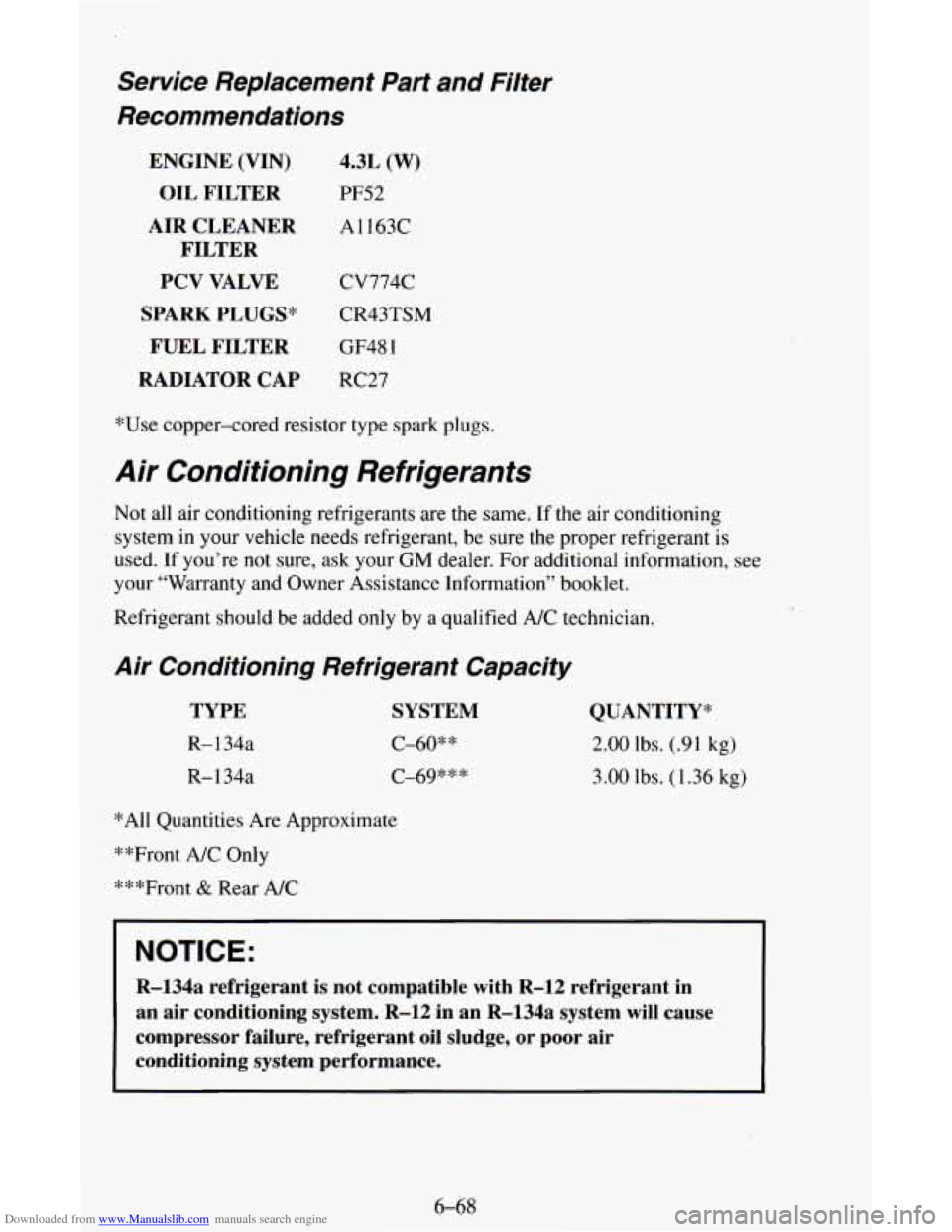 CHEVROLET ASTRO CARGO VAN 1995 2.G Owners Manual Downloaded from www.Manualslib.com manuals search engine Service  Replacement  Part  and  Filter 
Recommendations 
ENGINE  (VIN) 
OIL  FILTER 
AIR  CLEANER  FILTER 
PCV  VALVE 
SPARK  PLUGS*  FUEL  FI