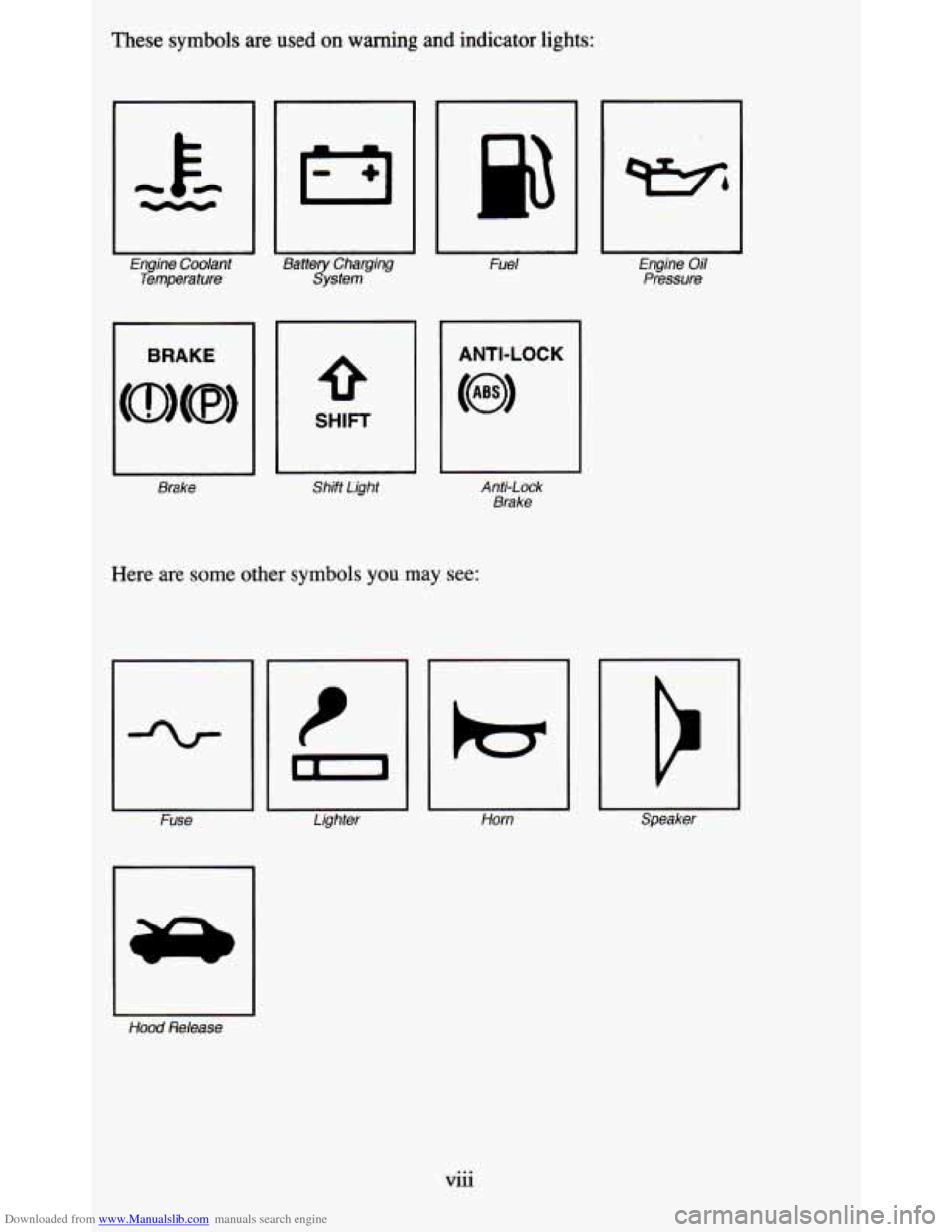 CHEVROLET BLAZER 1995 2.G Owners Manual Downloaded from www.Manualslib.com manuals search engine These symbols are used  on warning  and  indicator  lights: 
Engine  Coolant 
Temperature 
I BRAKE 
Brake 
Battery Charging 
System 
1 
Fuel 
S