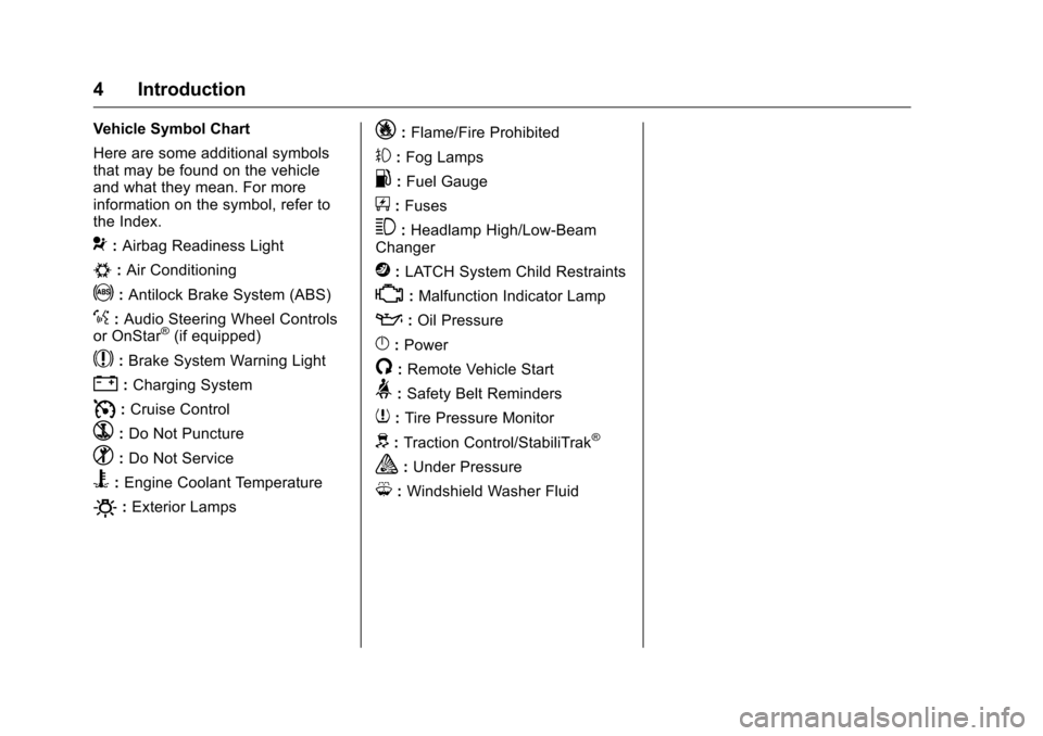 CHEVROLET CAMARO 2016 6.G Owners Manual Chevrolet Camaro Owner Manual-Convertible (GMNA-Localizing-U.S./Cana-
da/Mexico-9702260) - 2016 - CRC - 10/28/15
4 Introduction
Vehicle Symbol Chart
Here are some additional symbols
that may be found 