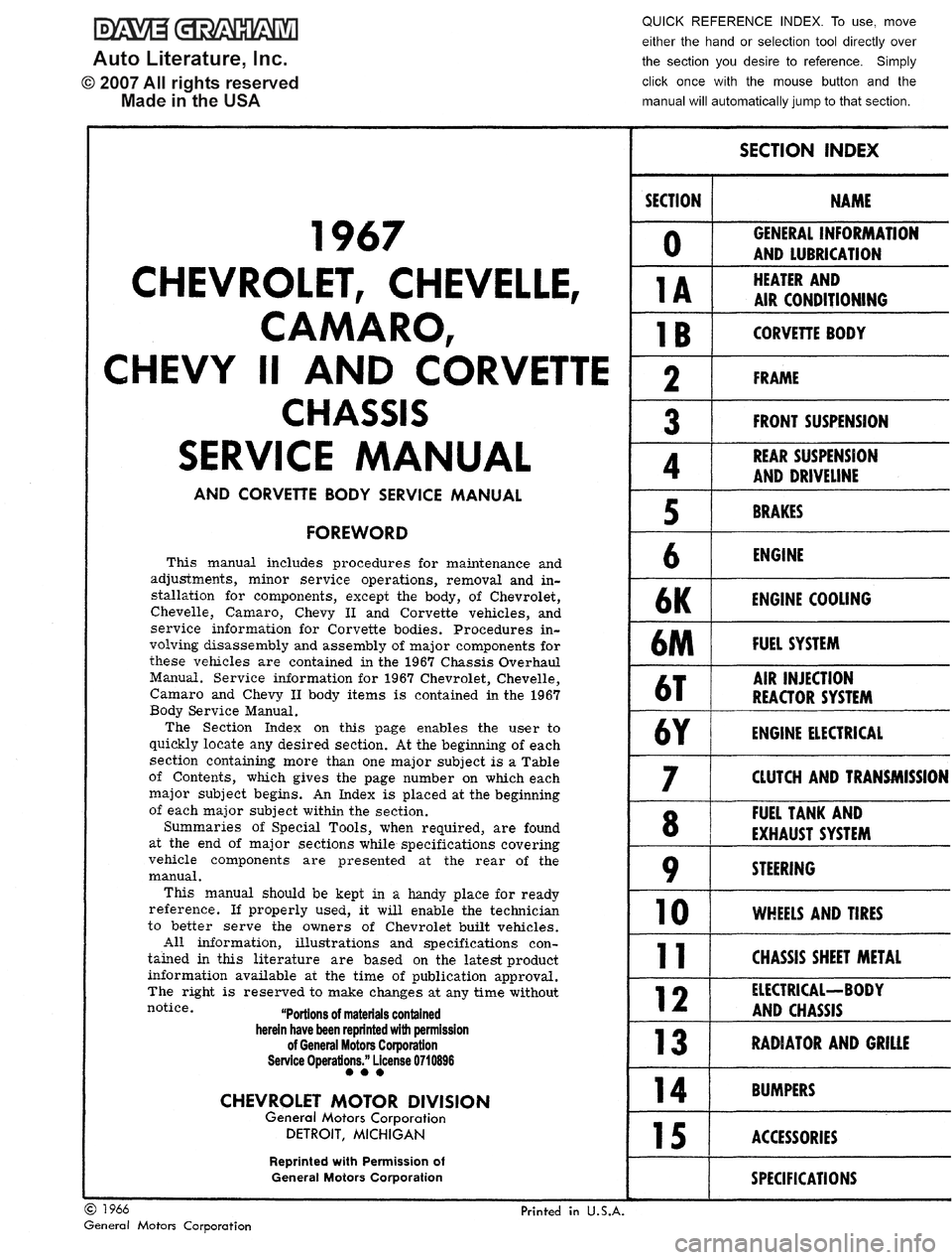 CHEVROLET CAMARO 1967 1.G Chassis Workshop Manual 
�